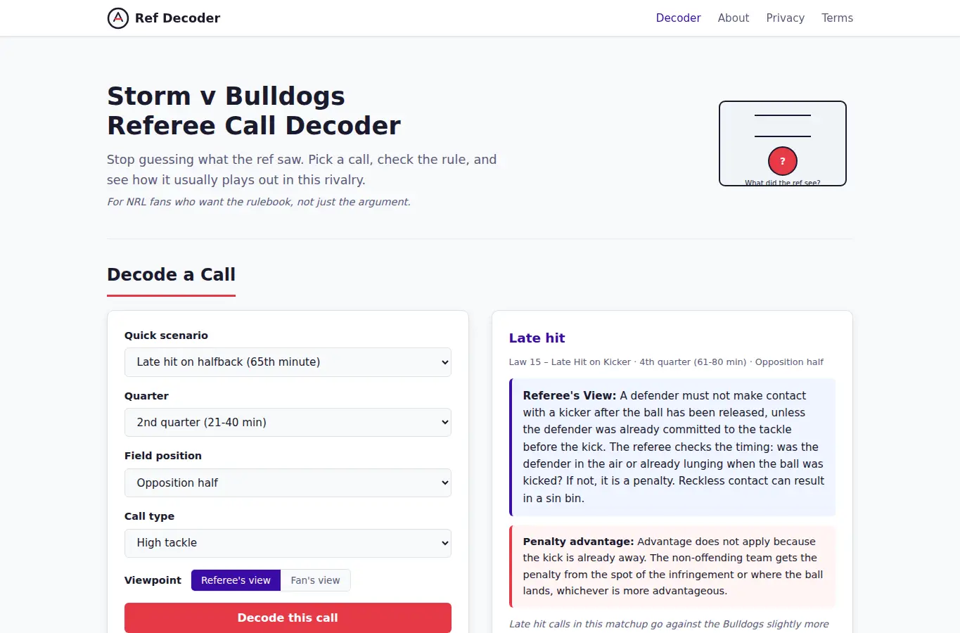 Screenshot of Storm vs Bulldogs Referee Decoder interface showing the project page in use